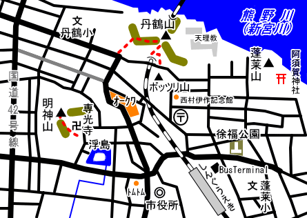明神山と新宮の地図